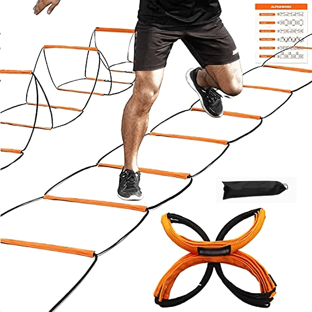 Athlete using Modular Agility Ladder and Hurdle Set SF3170 for speed and agility training, featuring versatile design and portability.